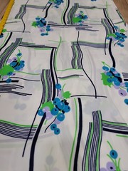 VTG 1972 Mid Century Fabric 4 Yards 44″ Blue Green Berry Geometric Mod Polyester