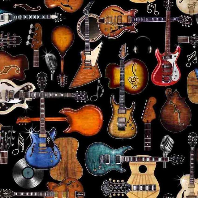 Rock n Roll Fantasy Black Guitars Cotton Fabric (Yard)