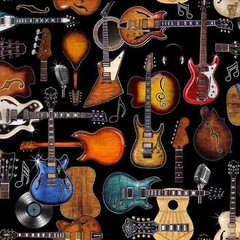 Rock n Roll Fantasy Black Guitars Cotton Fabric (Yard)