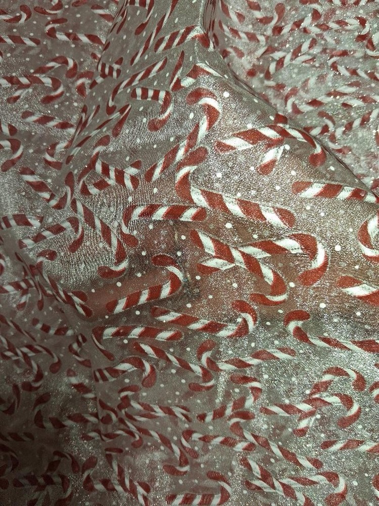 VINTAGE 1992 SHEER GLITTERED CANDY CANE CHRISTMAS FABRIC 36″ x 60″.