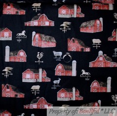 BonEful FABRIC FQ Cotton Quilt Brown Red Barn Farm Scenic Horse Pig Rooster Cow