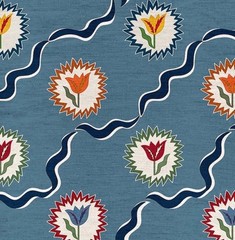 OTTOLINE CURTAIN FABRIC “TULIPS OF BELGRAVIA – BLUE” 3.8 METRES LINEN BLEND