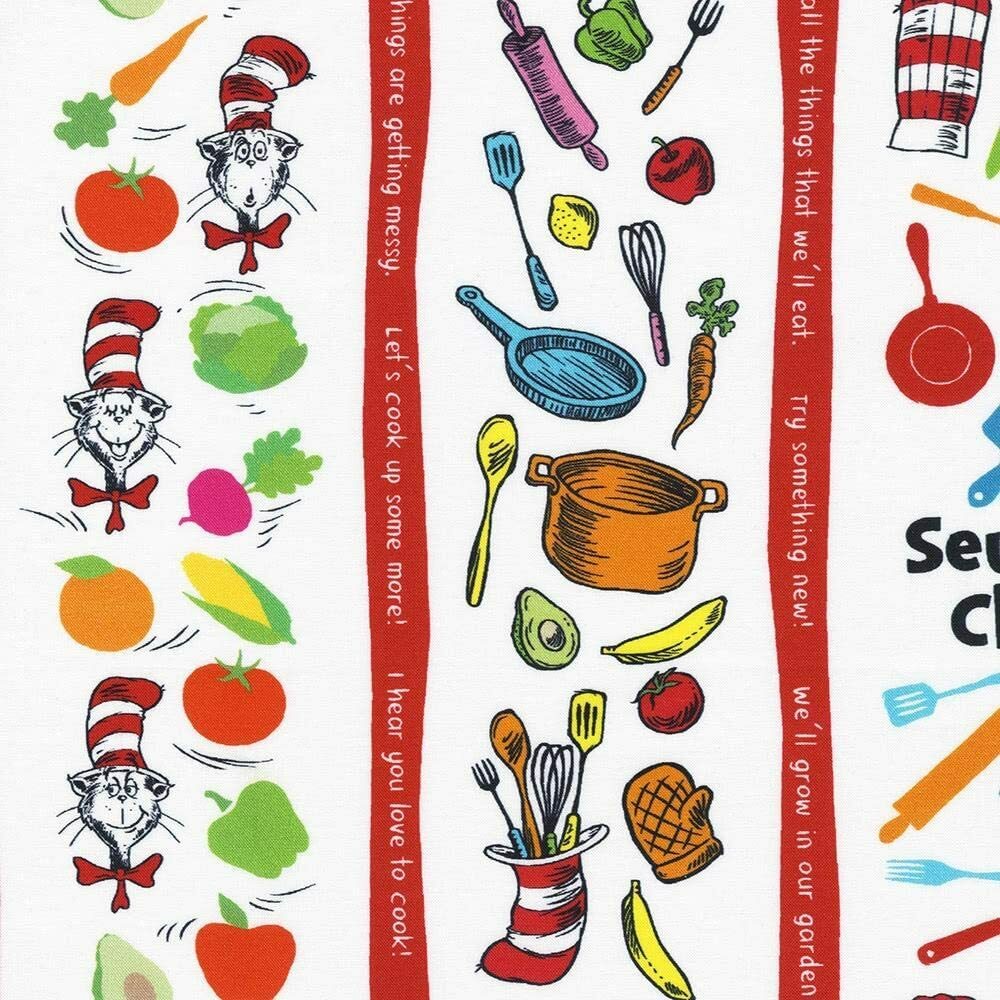 Dr Seuss Cooking Chef Kitchen Stripe print By the yard x 43 inches wide