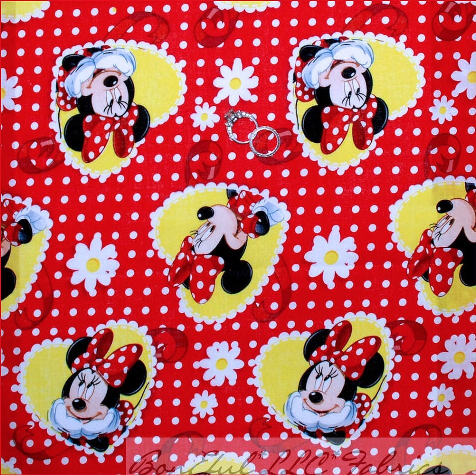 BonEful Fabric FQ Cotton Quilt VTG Disney MINNIE Mouse Heart Red White Polka Dot