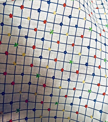VTG Yellow Red Green Florals on Squares of Blue on White 44″ X 20″