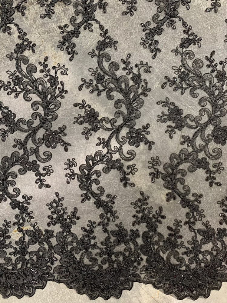 Melody BLACK Polyester Floral Embroidery with Sequins on Mesh Lace Fabric by th