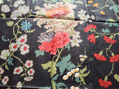 Vtg LEE JOFA CH’IEN LUNG Hand PRINT PEONY CHINOISERIE JACOBEAN FABRIC Navy Zepel