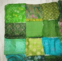 BBI LOT PURE SILK Antique Vintage Sari Fabrics REMNANT 24 pcs 8″ SQUARES Green