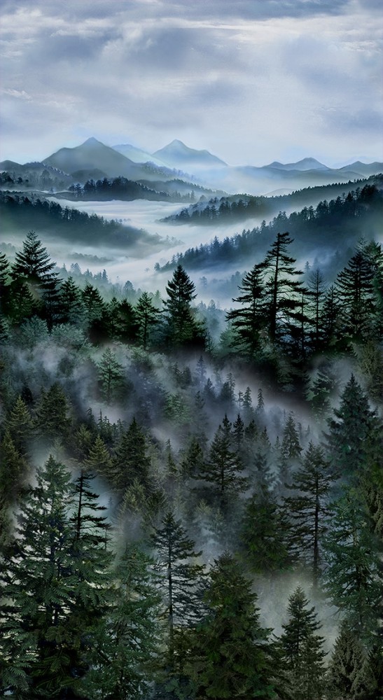 23″ Fabric Panel | Timeless Treasures Misty Mountain Foggy Pine Forest Scene