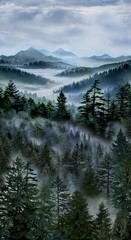 23″ Fabric Panel | Timeless Treasures Misty Mountain Foggy Pine Forest Scene