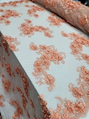 Peach Floral 3D Beaded French Embroidered Handmade Mesh 3D Lace Fabric By Yard