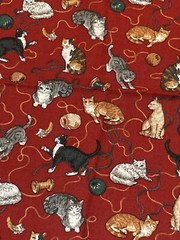 Small Cats Yarn Thread Spools on Red 18″ x 37″ Kesslers VTG Concord Fabric Scrap