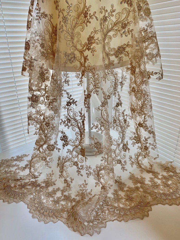 Melody TAUPE Polyester Floral Embroidery with Sequins on Mesh Lace Fabric by th