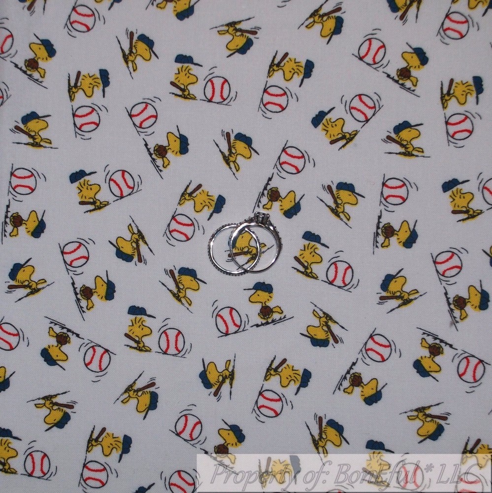 BonEful Fabric FQ Cotton Quilt White Red Blue Yellow Woodstock Baseball Sport US