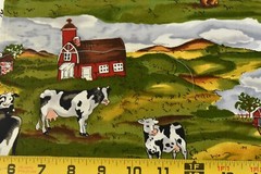 By 1/2 Yd, Colorful Farm Scenes on Green Quilt Cotton, Alexander Henry, P508