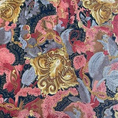 Vintage Floral Flourish Fabric Black Quilting Cotton 18×44