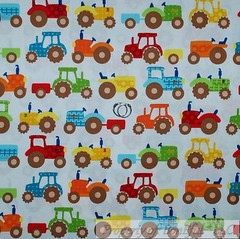 BonEful FABRIC FQ Cotton Quilt White Green Red Blue Farm Tractor Tire Boy Print