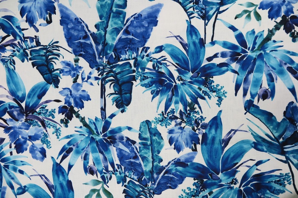 CHIVASSO CURTAIN FABRIC DESIGN “Jungle Like” 3.1 METRES BLUE LINEN BLEND