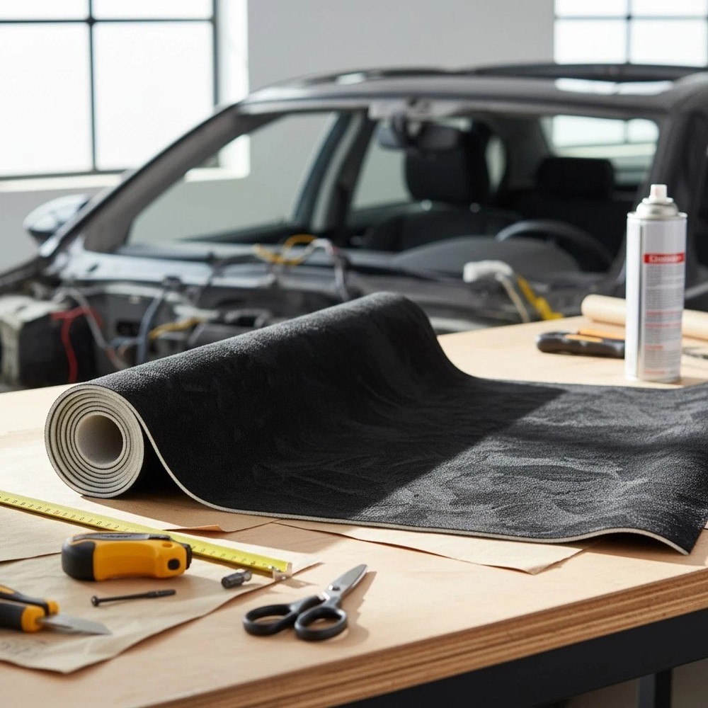 Luxury Black Suede Auto Headliner Fabric, 122″ L × 60″ W, Foam Backing