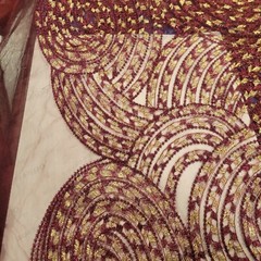 Burgundy Tulle Lace with Embroidered Swirls of Burgundy & Gold – Rich & Gorg!
