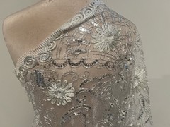 Silver White Embroidery Sequins Lace Fabric 50” Width Sold By The Yard