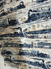 MARCUS BROTHERS TEXTILES Vintage Steam Train Fabric Remnant 18×42