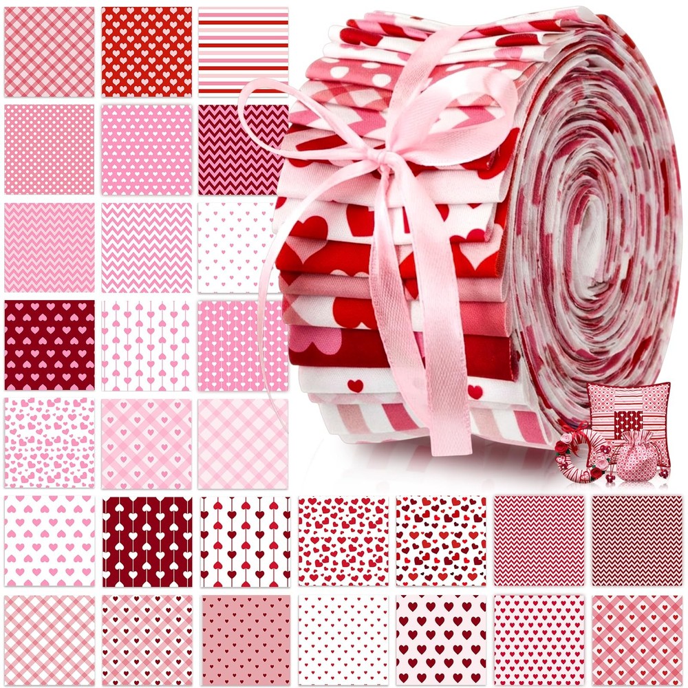60 PCS Valentines Quilting Fabric Roll 2.6×40 Inch Cotton Strips Precut Sewing