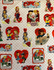 VINTAGE VALENTINES BY MICHAEL MILLER RETRO GREETING CARDS ON WHITE FABRIC HY