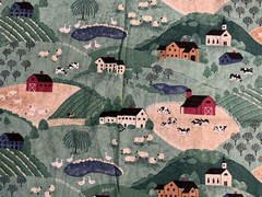 1992 Fabric Traditions Country Farm Red Barns Chickens Cows Ducks 48” X 44”