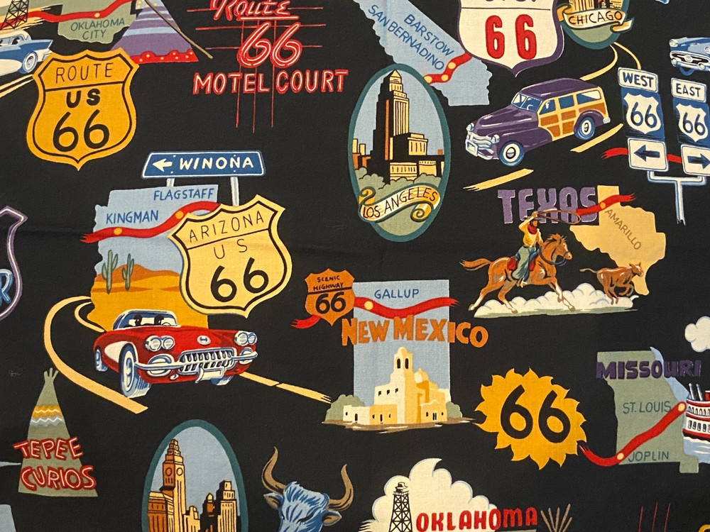 ROUTE 66 ~ Alexander Henry Fabrics ~Vintage Travel Landmarks Cotton Fabric 1 yd
