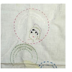 Vintage Hand Embroidered Baby Doll Child Faces & Printed Fabric 56.5 x 33.5 SEE