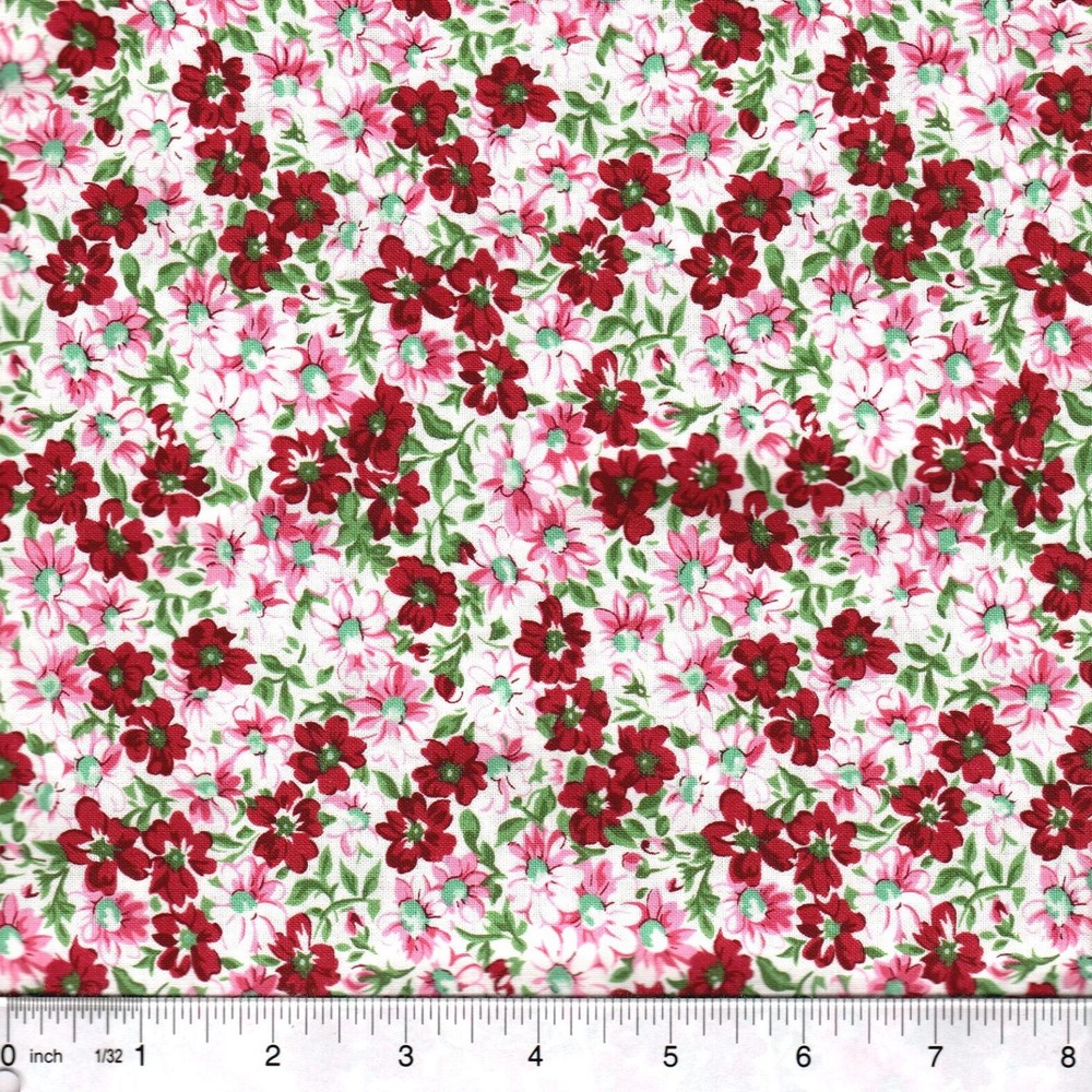 Burgundy Red Flower Patch 100% Cotton Calico Fabric BTY