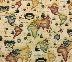 ITALIAN WORLD MAP SET SAIL BEIGE SHIPS COMPASS NOVELTY FABRIC 1.8 YARDS 54″W