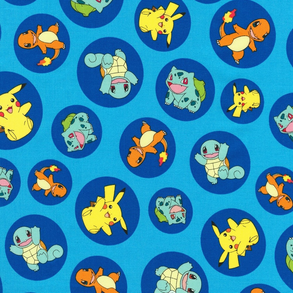 Fabric Pokemon Characters in Circles KAUFMAN Blue 1/4 Yard 7214