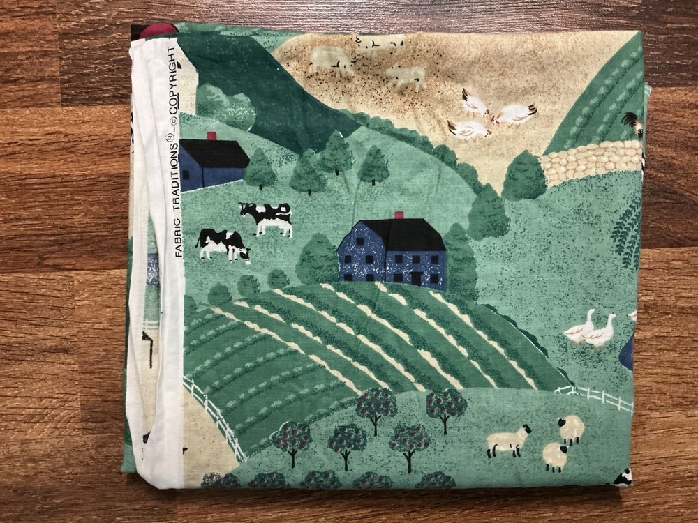 1992 Fabric Traditions Country Farm Red Barns Chickens Cows Ducks 48” X 44”