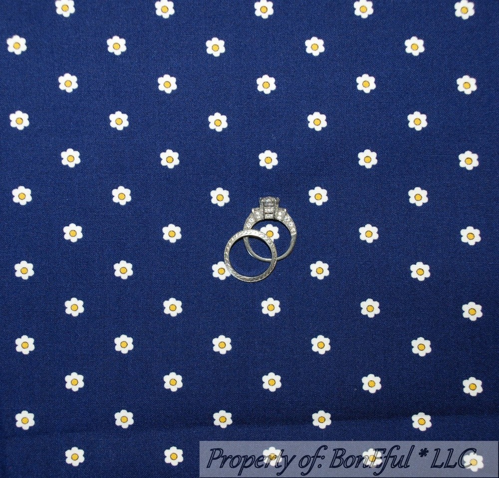 BonEful Fabric FQ Cotton Quilt Blue Yellow White Yellow Daisy Flower Dot Stripe