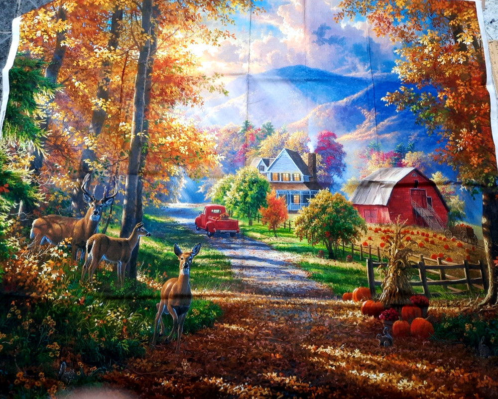 36×44 Fabric Panel Autumn Country Harvest Pumpkins Deer Red Barn DAVID TEXTILES