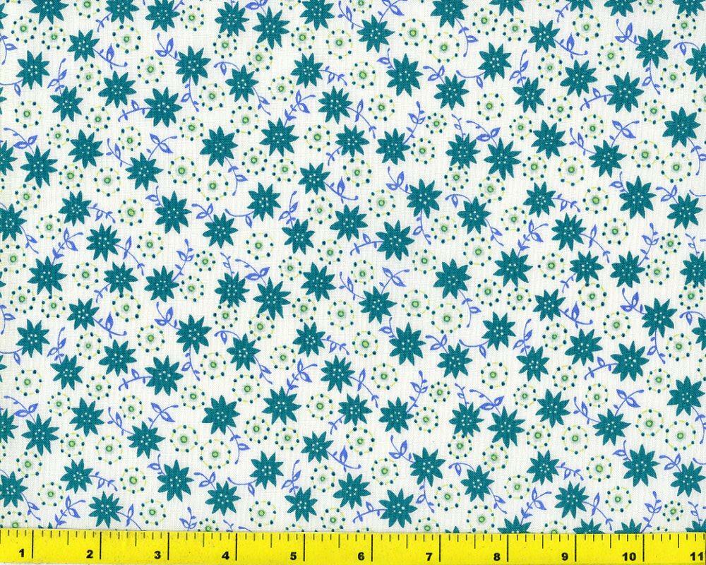 Dark Teal Star Flowers on White By The Yard CFLGRE02940