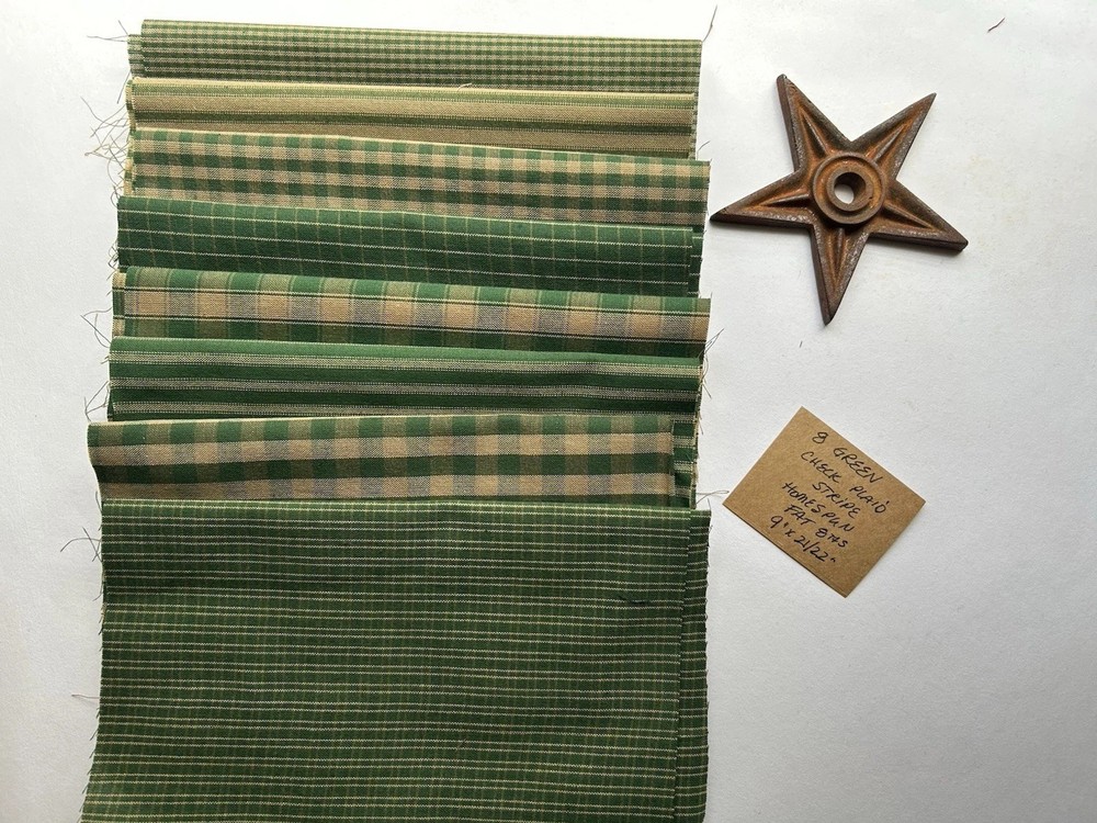 8 GREEN Check Plaid Stripe 100% Cotton Homespun FAT 8THS (9″ X 21/22″)