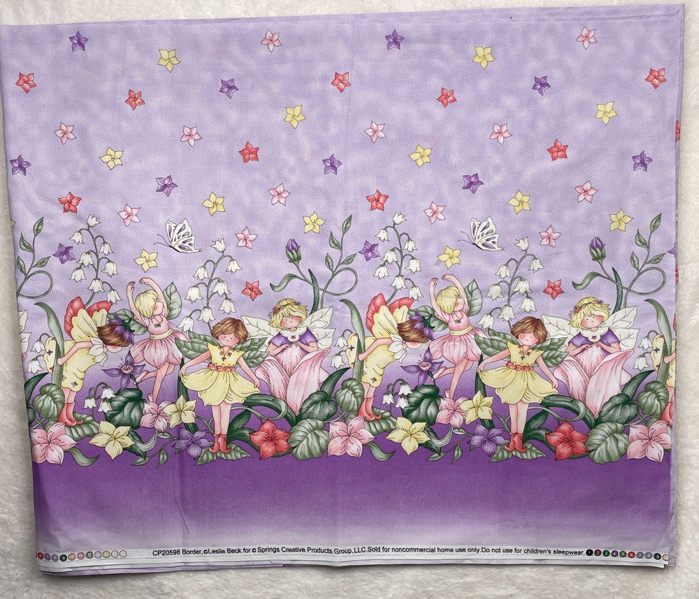 Leslie Beck Border Fabric Fairies Flowers Purple Springs Creative 2yds 34″ x 44