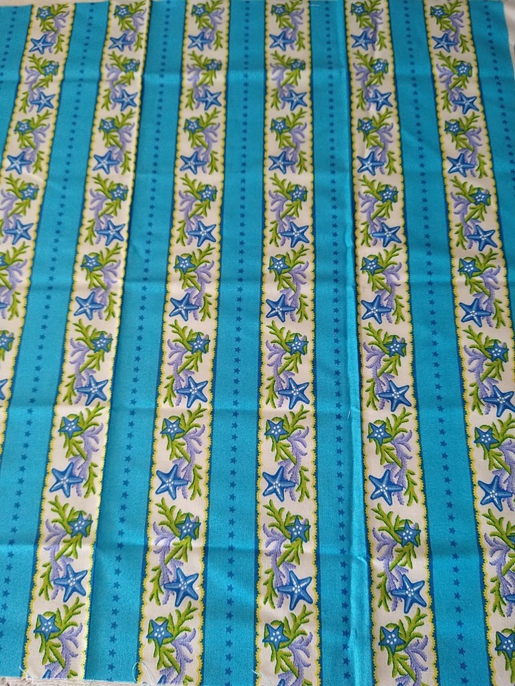BTFQ Fabric Island Delight by FreeSpirit Beach Tropical Starfish Blue Stripe