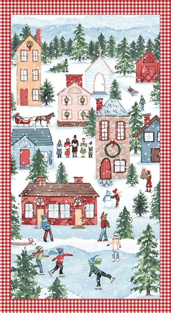 23″ Fabric Panel | Studio E Christmas Village Ice Skating Winter Scene Red