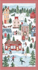 23″ Fabric Panel | Studio E Christmas Village Ice Skating Winter Scene Red