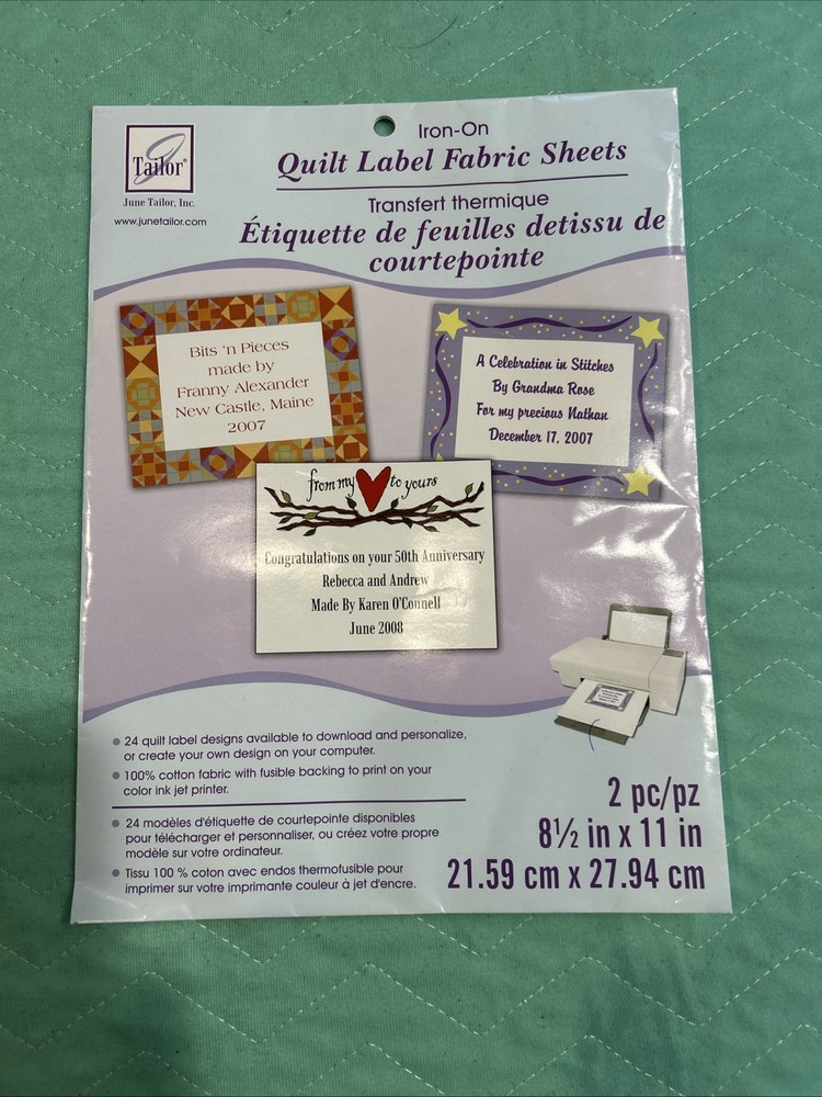June Tailor Iron-On Ink Jet Quilt Label Fabric Sheets 2 Pkg White 8.5″X11″ NEW
