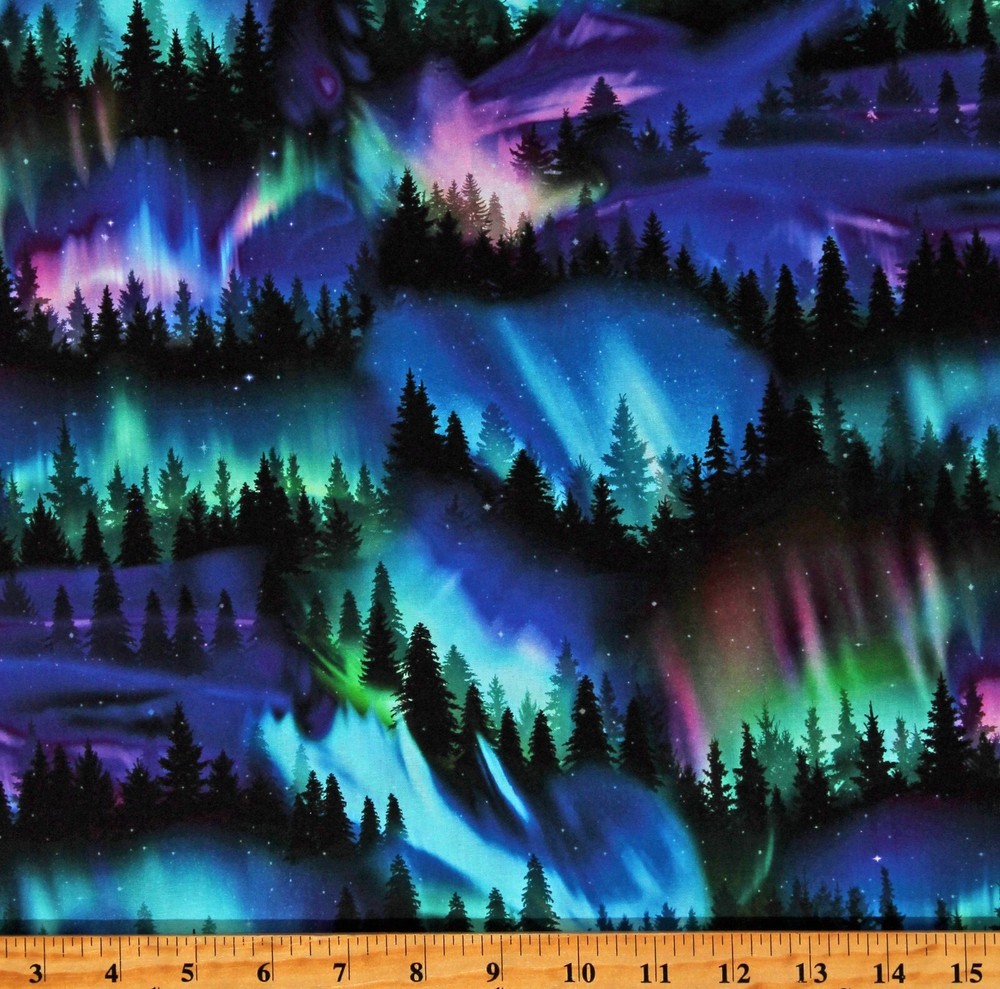 Cotton Northern Lights Trees Aurora Borealis Fabric Print by the Yard D476.69