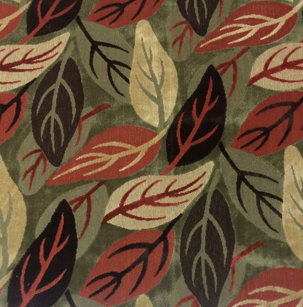 CLARENCE HOUSE LAURELWOOD BROWN RED LEAF MODERN LINEN VELVET FABRIC 1 YARD 49″W