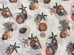 Sea shell sea weed star fish polyester chiffon fabric on beige, 58″ by 20″