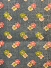 Blue Fabric W/Repeating Daisy Pattern Green Pink White Flowers Cotton 90” X 44”