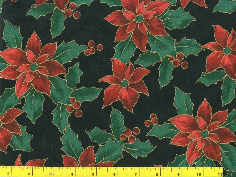 Gold Accented Red Poinsettia on Black Christmas Quilting Fabric by Yard #3093