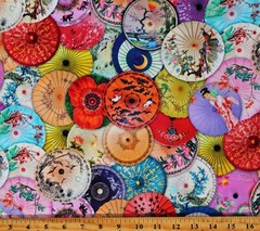 Cotton Parasols Umbrella Tops Asian Geishas Cranes Fabric Print by Yard D775.15
